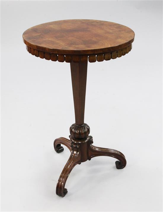 An early 19th century rosewood circular tripod table, W.1ft 6.5in.